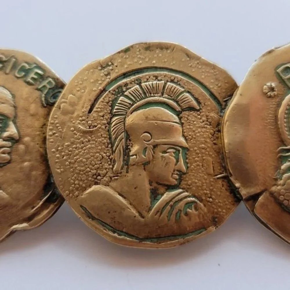 Vintage Roman Coin Brooch – Brass Tone 3-Coin Design, Cicero & Roma Motif